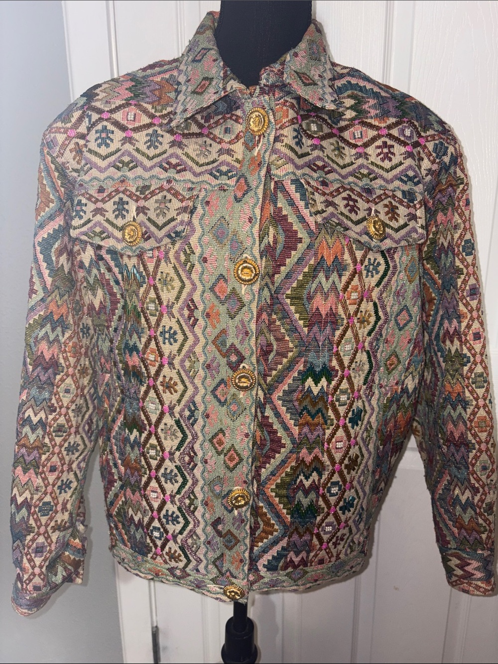 VTG Cedars Tapestry Jacket Women’s SZ MED Southwestern Aztec Beaded Boho